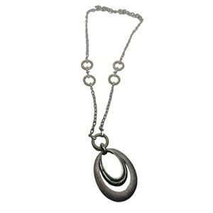 Vintage Crown Trifari Silver tone Necklace 28 Inches Long Open Work Pendant Text
